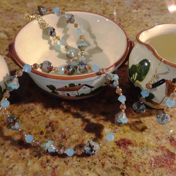 Handcrafted necklace-earring set with sky-blue Czech bicone beads - Picture 4 of 6